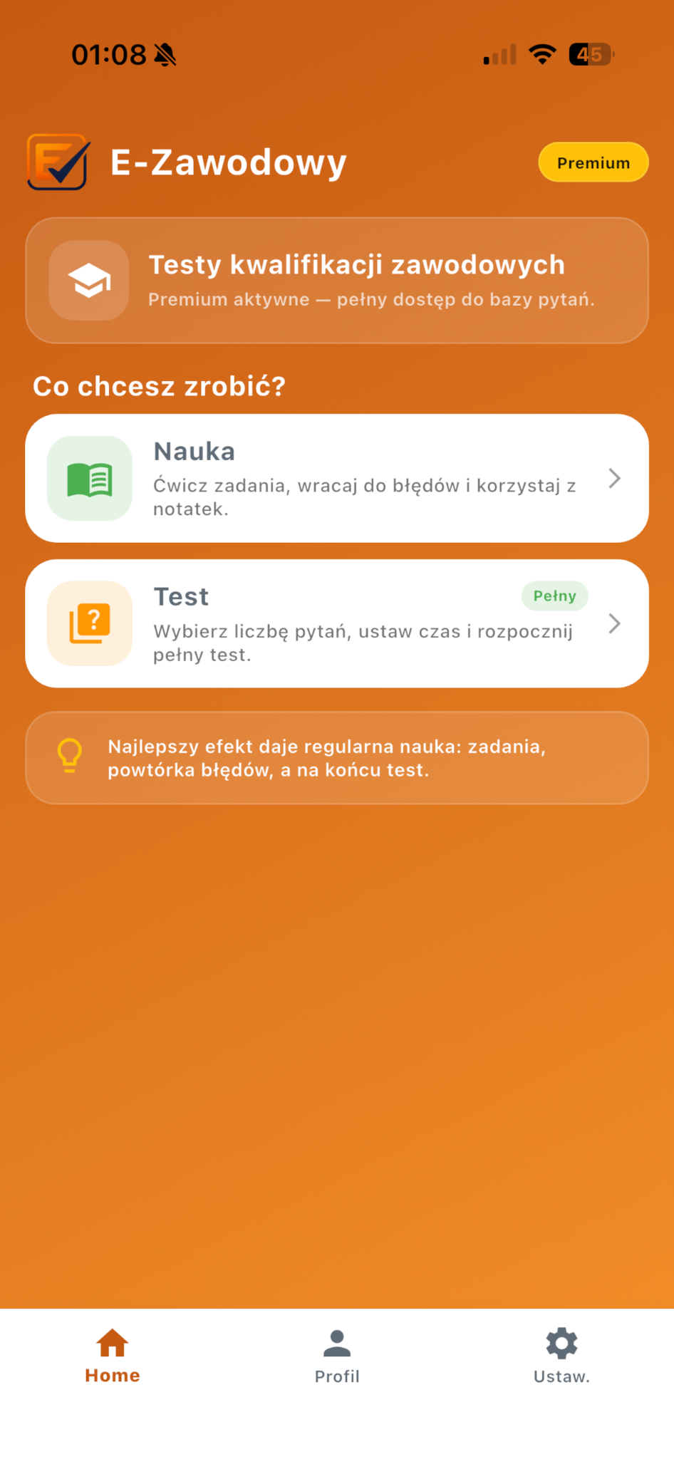 Ustawienia testu